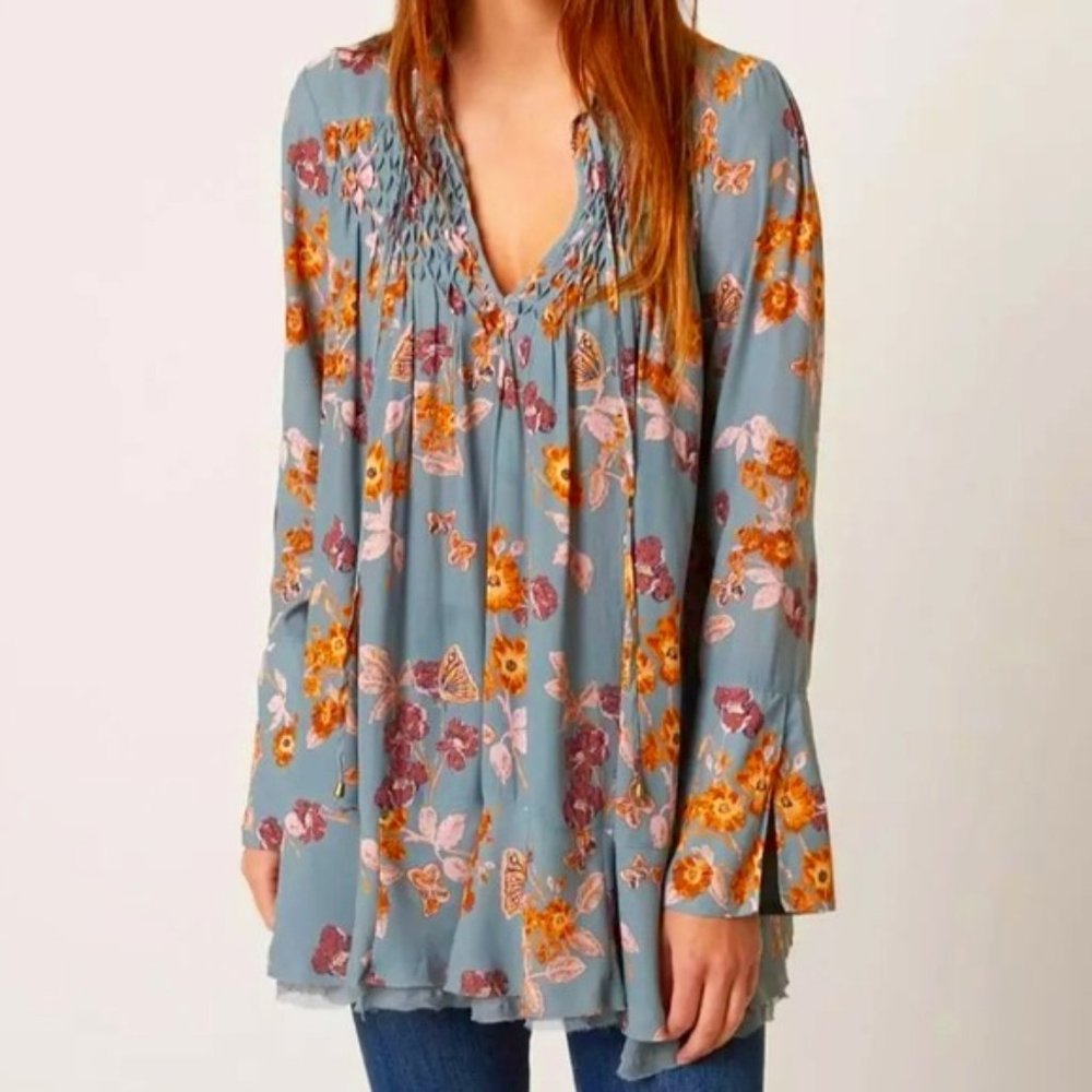 Free People So Fine Pebble Crepe Smocked Floral Tunic Top XS Fairy Cottagecore